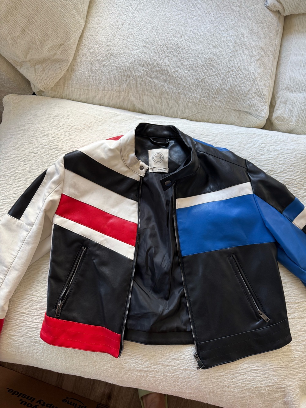 Stoosh Black, White, Red & Blue Colorblock Leather Bomber Jacket